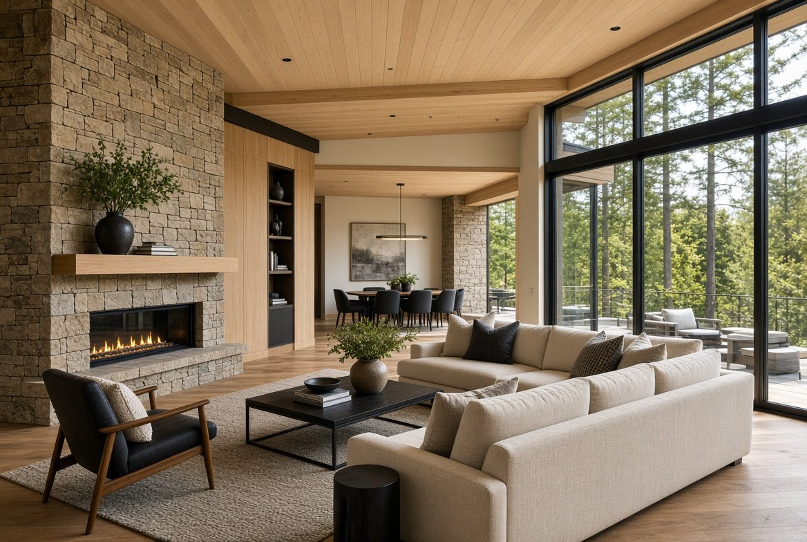 Open concept living room custom home interior