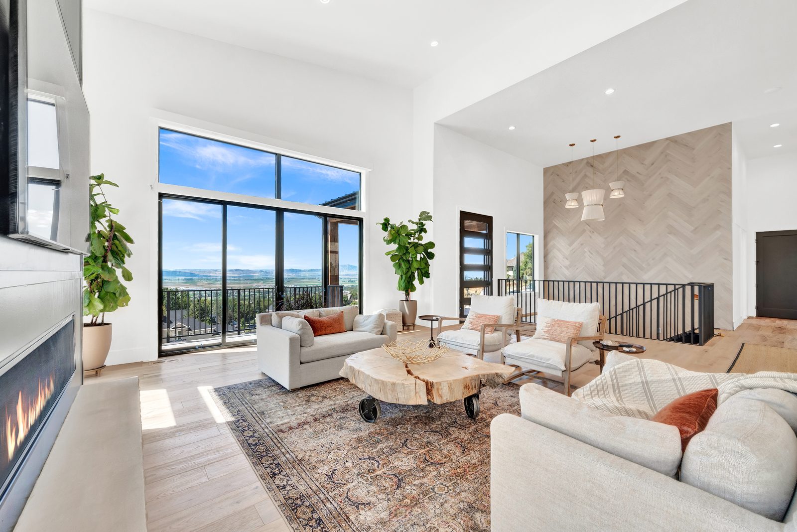 Valley View Estate great room with panoramic valley views, 2023 Top of Utah Parade of Homes