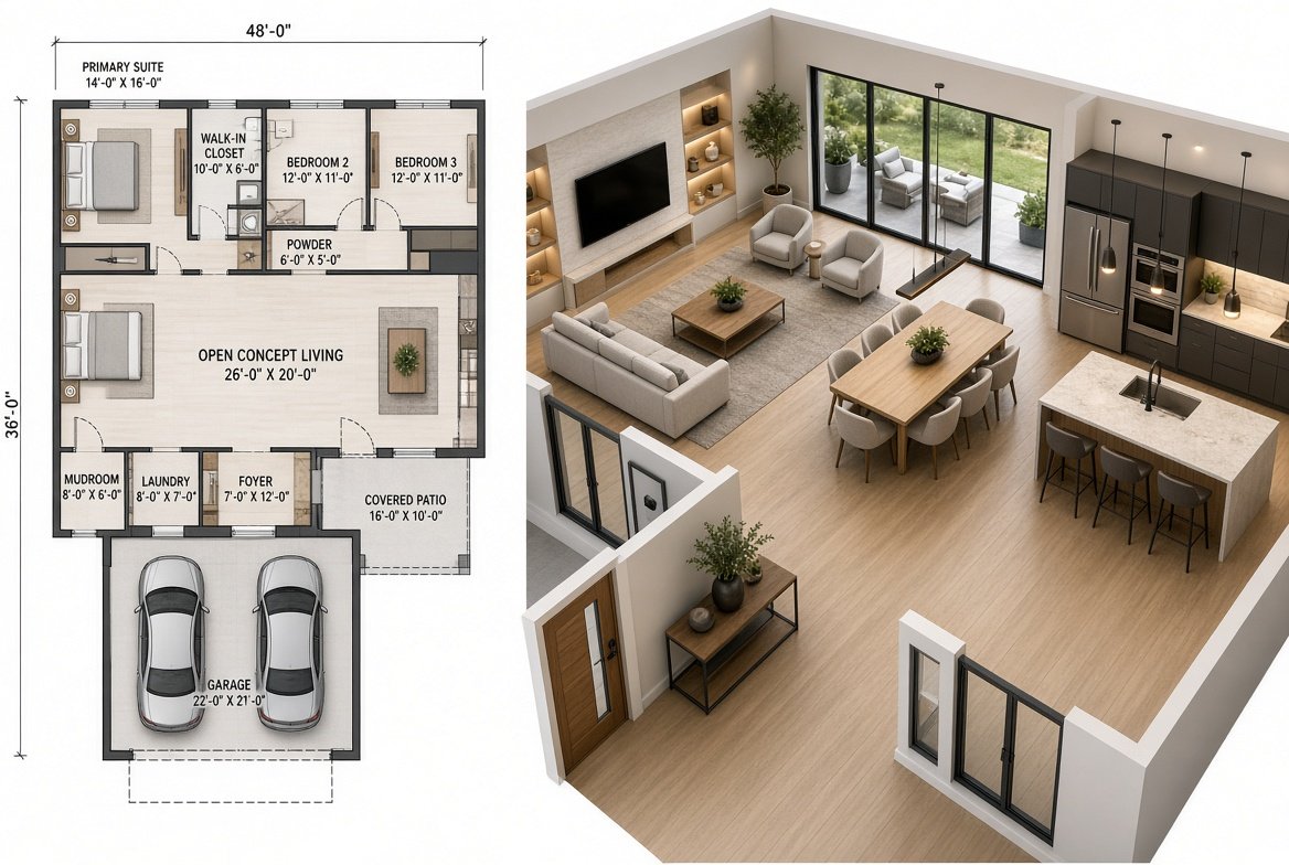 Custom home floor plan alongside an interactive 3D interior model